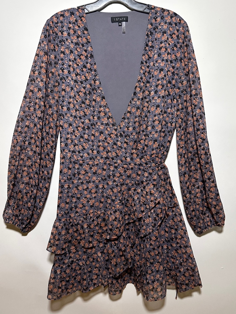 1. State Women's Gray Floral Wrap Mini Dress